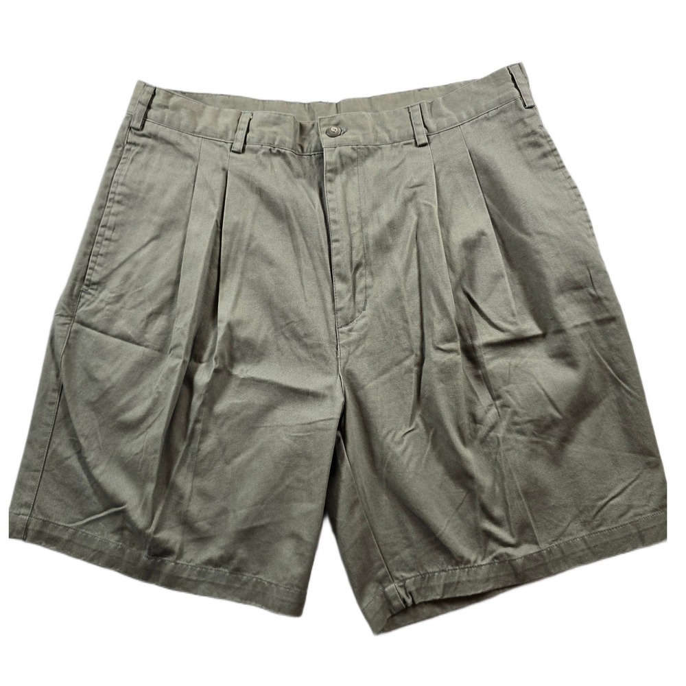 Van Heusen Chino Shorts Mens 36 Olive‎ Green Cotton Pleated Classic Casual NEW